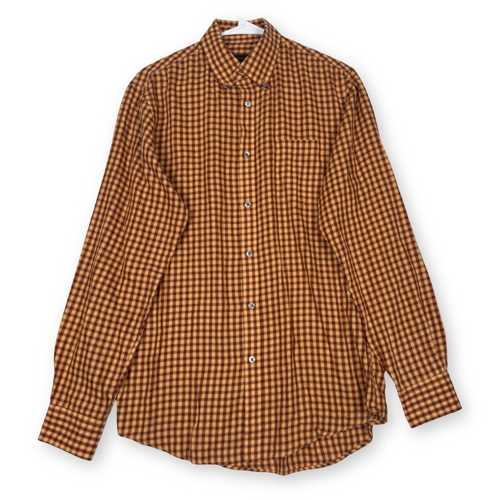 Van Heusen Mens Orange Brown Gingham Check Button Down Shirt Small 14-14.5